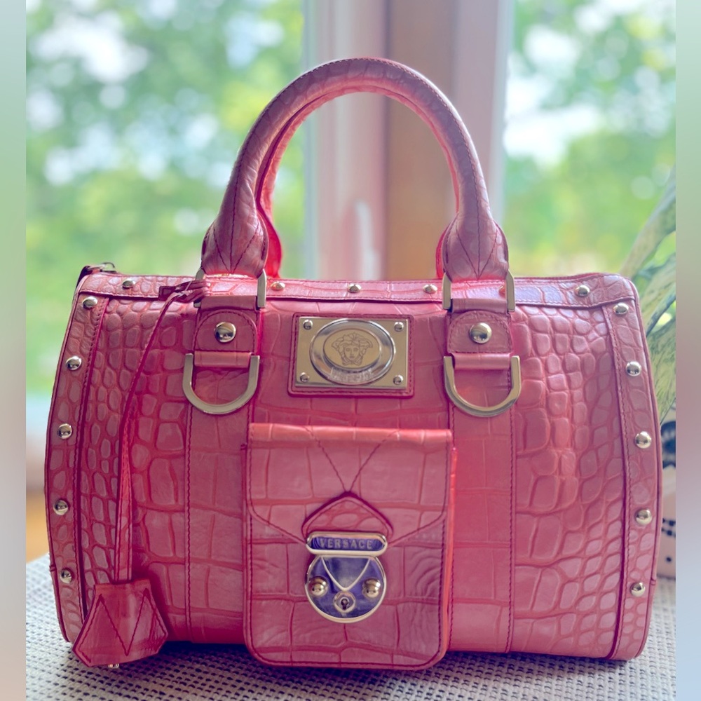 Versace Madonna Boston Croc-Embossed Satchel